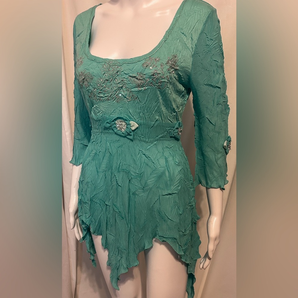 Kisga Sz M Turquoise Floral Sequin Pleated Tunic Fairycore Festival Boho Y2K